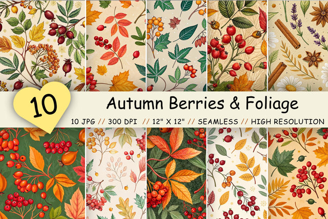 Autumn Berries & Foliage Seamless Pattern, Autumn Craft Work, Autumn Pattern, Fall Pattern, Scrapbook Kit, Autumn Leaves, Autumn Vibe Digital Pattern FloridPrintables 