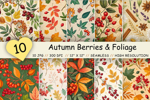 Autumn Berries & Foliage Seamless Pattern, Autumn Craft Work, Autumn Pattern, Fall Pattern, Scrapbook Kit, Autumn Leaves, Autumn Vibe Digital Pattern FloridPrintables 