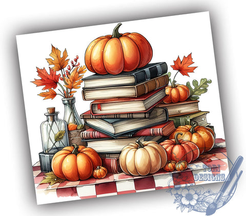 Autumn Books and Pumpkin 20oz Skinny Tumbler, Fall Coffee Tumbler Png, Straight & Tapered Tumbler Wrap, Instant Digital Download Sublimation ToriDesigns 