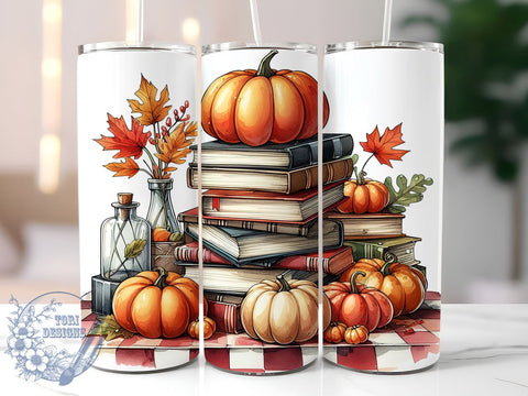 Autumn Books and Pumpkin 20oz Skinny Tumbler, Fall Coffee Tumbler Png, Straight & Tapered Tumbler Wrap, Instant Digital Download Sublimation ToriDesigns 