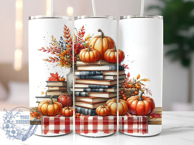 Autumn Books and Pumpkin 20oz Skinny Tumbler, Fall Vibes Tumbler Png, Straight & Tapered Tumbler Wrap, Instant Digital Download Sublimation ToriDesigns 