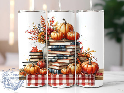 Autumn Books and Pumpkin 20oz Skinny Tumbler, Fall Vibes Tumbler Png, Straight & Tapered Tumbler Wrap, Instant Digital Download Sublimation ToriDesigns 