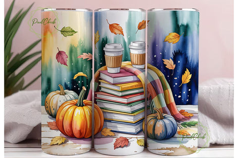 Autumn Books & Pumpkins 20oz Tumbler Sublimation PixelChick 