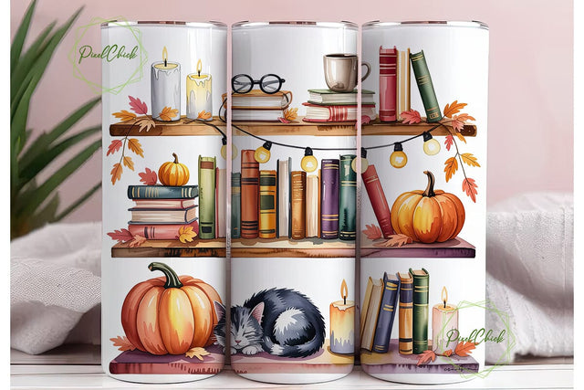 Autumn Bookshelf Cat 20oz Tumbler Wrap Sublimation PixelChick 