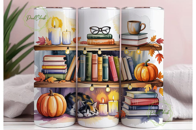 Autumn Bookshelf Cat 20oz Tumbler Wrap Sublimation PixelChick 