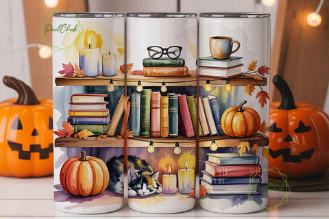 Autumn Bookshelf Cat 20oz Tumbler Wrap Sublimation PixelChick 