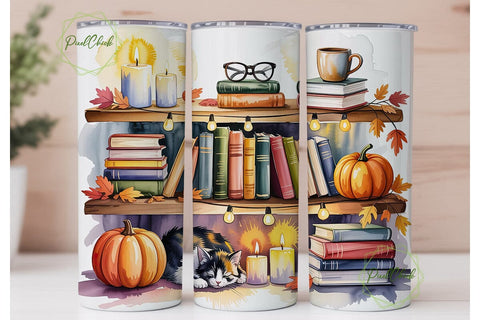 Autumn Bookshelf Cat 20oz Tumbler Wrap Sublimation PixelChick 