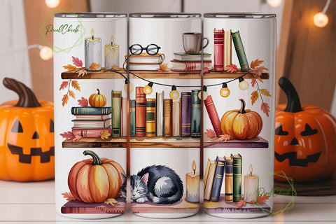 Autumn Bookshelf Cat 20oz Tumbler Wrap Sublimation PixelChick 