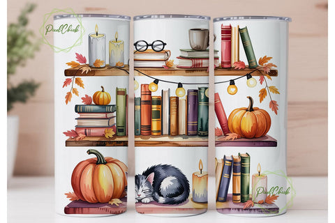 Autumn Bookshelf Cat 20oz Tumbler Wrap Sublimation PixelChick 