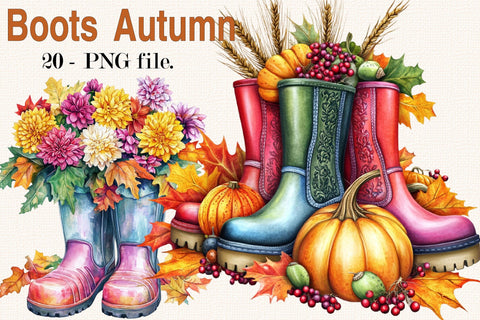 Autumn Boots Watercolor Clipart PNG Bundle. Sublimation SVGArt 