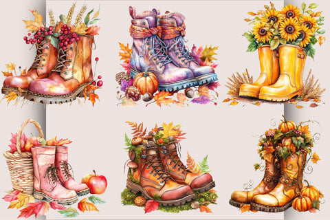 Autumn Boots Watercolor Clipart PNG Bundle. Sublimation SVGArt 