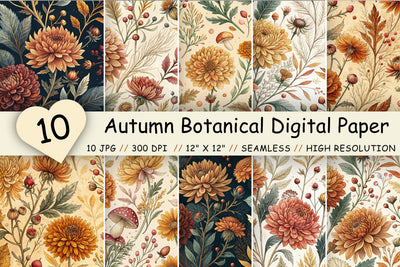Autumn Botanical Digital Paper Pack, Seamless Watercolor Pattern Bundle, Printable Scrapbook Paper, Chrysanthemum Harvest Design Collection Digital Pattern FloridPrintables 