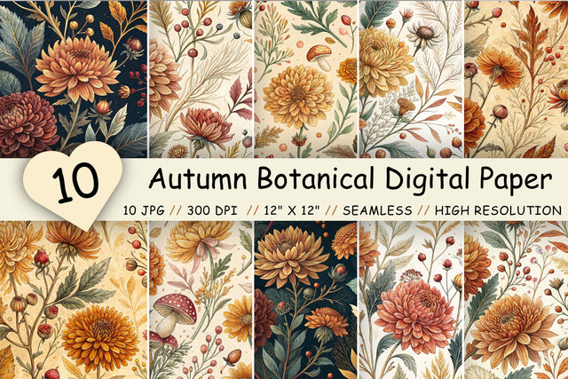 Autumn Botanical Digital Paper Pack, Seamless Watercolor Pattern Bundle, Printable Scrapbook Paper, Chrysanthemum Harvest Design Collection Digital Pattern FloridPrintables 