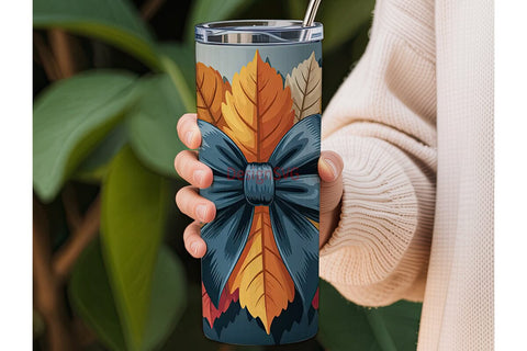 Autumn Bow Leaves 20oz Tumbler Wrap Sublimation DesignSVG 
