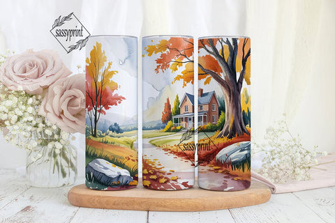 Autumn Cabin Watercolor Landscape PNG Sublimation sassyprint 