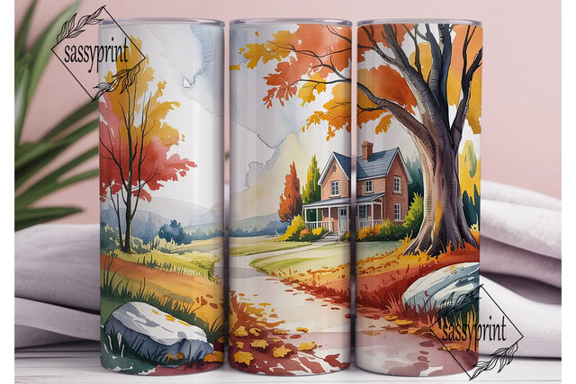 Autumn Cabin Watercolor Landscape PNG Sublimation sassyprint 