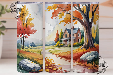 Autumn Cabin Watercolor Landscape PNG Sublimation sassyprint 