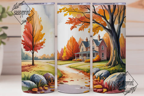 Autumn Cabin Watercolor Landscape PNG Sublimation sassyprint 