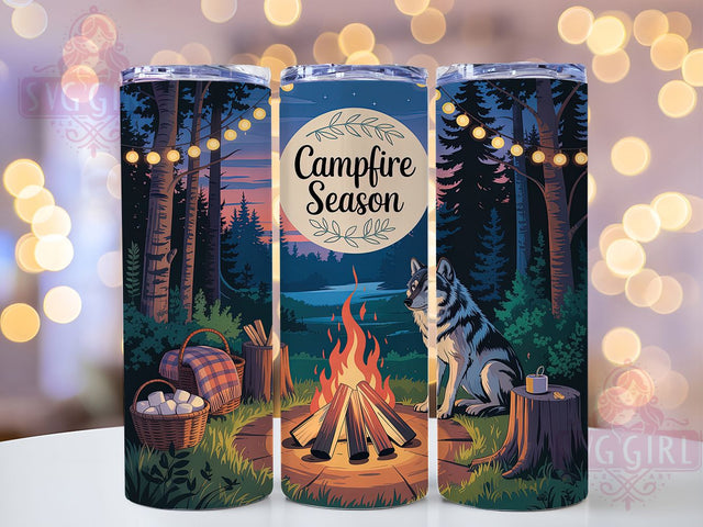Autumn Campfire Wolf Tumbler, Autumn Night Wrap, 20oz Tumbler Sublimation, Cozy Forest Design, Rustic Fall Sublimation, Wilderness Flame Tumbler, Seasonal Howl Wrap Sublimation SvggirlplusArt 