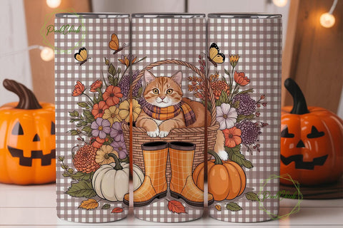 Autumn Cat with Pumpkins 20oz Tumbler Sublimation PixelChick 