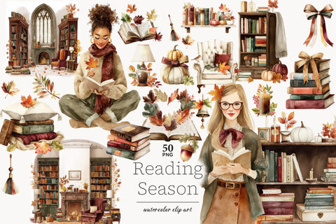 Autumn Clipart | Fall Reading PNG | Library Books Clip Art SVG GlamArtZhanna 