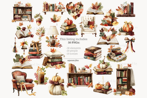 Autumn Clipart | Fall Reading PNG | Library Books Clip Art SVG GlamArtZhanna 