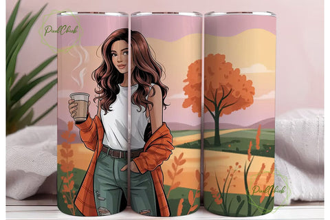 Autumn Coffee Girl 20oz Tumbler Wrap Sublimation PixelChick 
