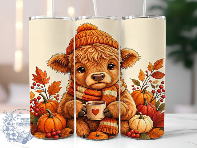 Autumn Cow Coffee Charm 20oz Tumbler, Cow Motif, Coffee Accent, Autumn Theme, Charm Design, Rustic Flair, Sublimation Wrap, 20oz Tumbler Sublimation ToriDesigns 