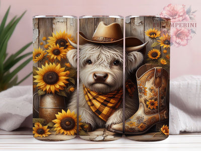 Autumn Cow Sunflower 20oz Tumbler, Sunflower Design, Highland Cow, Rustic Style, Fall Floral, 20oz Sublimation, PNG Design Sublimation Li Zamperini 