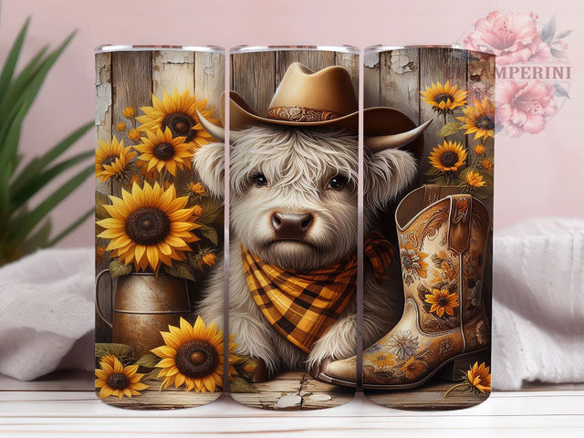 Autumn Cow Sunflower 20oz Tumbler, Sunflower Design, Highland Cow, Rustic Style, Fall Floral, 20oz Sublimation, PNG Design Sublimation Li Zamperini 