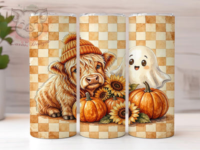 Autumn Cute Ghost Highland Cow 20oz Tumbler, Spooky Farm, Fluffy Haunt, Kawaii Fall, Rustic Spirit, Orange And Brown, Whimsical Cattle, Sublimation Wrap Sublimation Lara' s Designs 