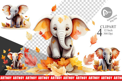 Autumn Elephant Watercolor Clipart Sublimation artnoy 