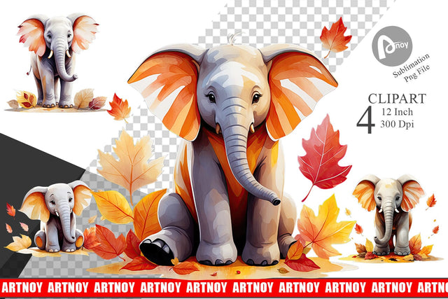 Autumn Elephant Watercolor Clipart Sublimation artnoy 