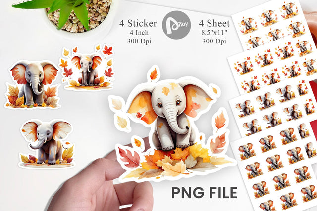 Autumn Elephant Watercolor Sticker Sublimation artnoy 