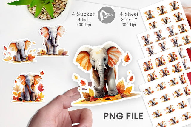 Autumn Elephant Watercolor Sticker Sublimation artnoy 