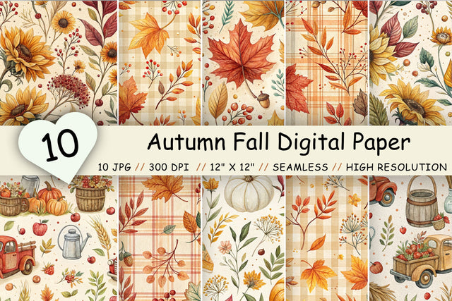 Autumn Fall Digital Paper Pack, Seamless Watercolor Pattern Bundle, Printable Scrapbook Paper, Cozy Harvest Design Collection Digital Pattern FloridPrintables 