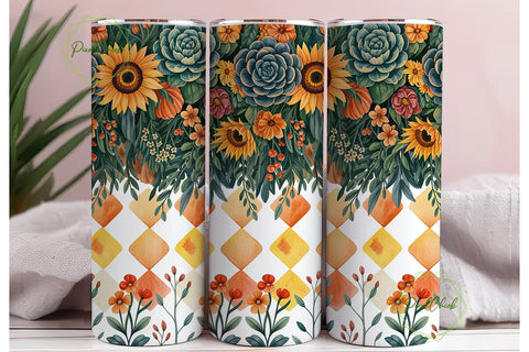 Autumn Floral Diamonds 20oz Tumbler Wrap Sublimation PixelChick 