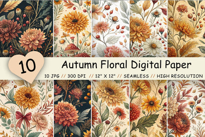 Autumn Floral Digital Paper Pack, Seamless Watercolor Pattern Bundle, Printable Scrapbook Paper, Fall Botanical Design Collection Digital Pattern FloridPrintables 