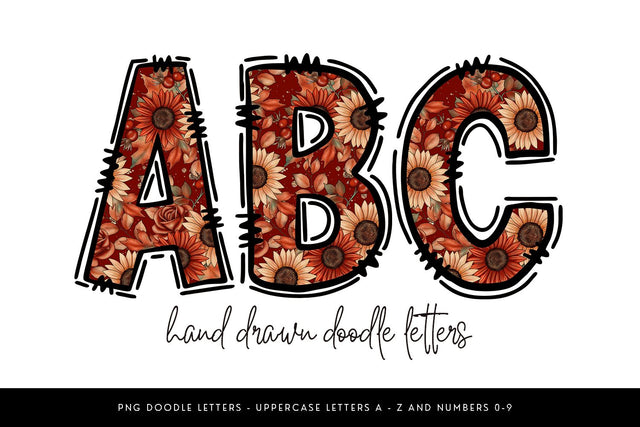 Autumn Floral Doodle Alpha PNG, Sunflower Alphabet Sublimation BijouBay 