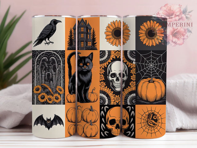 Autumn Floral Skull Black Cat Halloween Tumbler, Spooky Skull Wrap, Black Cat Sublimation, 20Oz Skinny Tumbler, Autumn Floral Drinkware, Gothic Fall Design, Creepy Cute Tumbler Sublimation Li Zamperini 