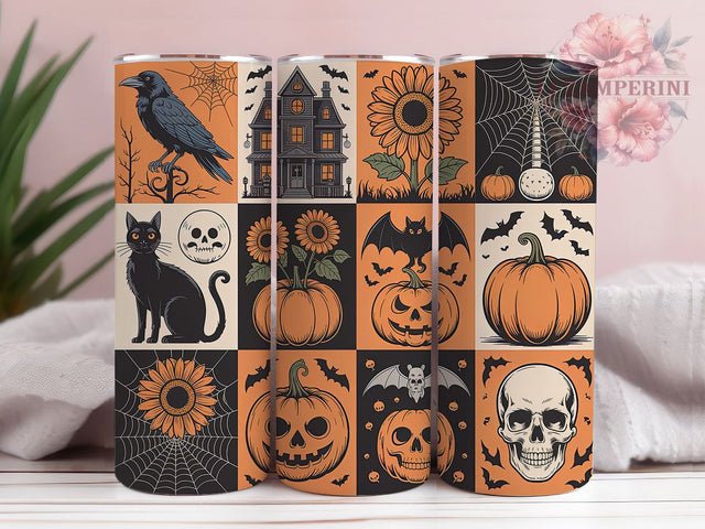 Autumn Floral Skull Black Cat Halloween Tumbler, Spooky Skull Wrap, Black Cat Sublimation, 20Oz Skinny Tumbler, Autumn Floral Drinkware, Gothic Fall Design, Creepy Cute Tumbler Sublimation Li Zamperini 