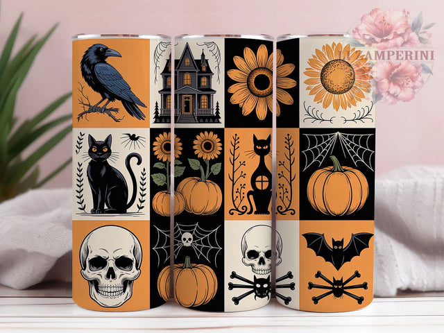Autumn Floral Skull Black Cat Halloween Tumbler, Spooky Skull Wrap, Black Cat Sublimation, 20Oz Skinny Tumbler, Autumn Floral Drinkware, Gothic Fall Design, Creepy Cute Tumbler Sublimation Li Zamperini 
