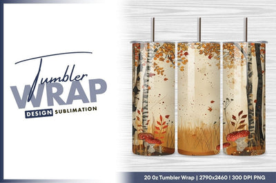 Autumn Forest Illustration with Birch Trees Mushrooms and Falling Leaves Sublimation Regulrcrative 