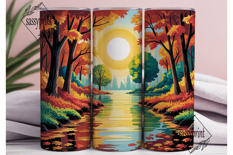 Autumn Forest River Sun Tumbler Wrap PNG Sublimation sassyprint 