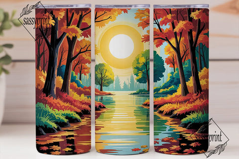 Autumn Forest River Sun Tumbler Wrap PNG Sublimation sassyprint 
