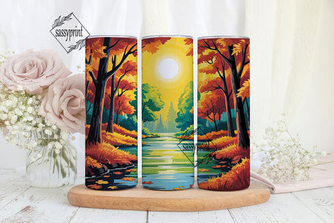 Autumn Forest River Sun Tumbler Wrap PNG Sublimation sassyprint 