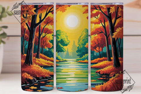Autumn Forest River Sun Tumbler Wrap PNG Sublimation sassyprint 