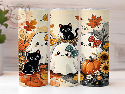 Autumn Ghost Cat Folk Charm 20oz Tumbler, Ghost Motif, Cat Accent, Autumn Theme, Folk Art Design, Charm Flair, Sublimation Wrap, 20oz Tumbler Sublimation Lara' s Designs 