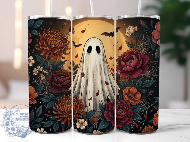 Autumn Ghost Floral 20oz Tumbler, Ghost Motif, Floral Design, Autumn Theme, Whimsical Charm, Seasonal Style, 20oz Wrap, Sublimation Tumbler Sublimation ToriDesigns 