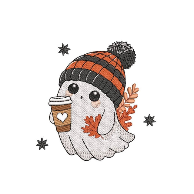 Autumn Ghost with Hot Coffee Embroidery Design, Halloween Embroidery Design, 3 sizes, Instant Download Embroidery/Applique DESIGNS Nino Nadaraia 